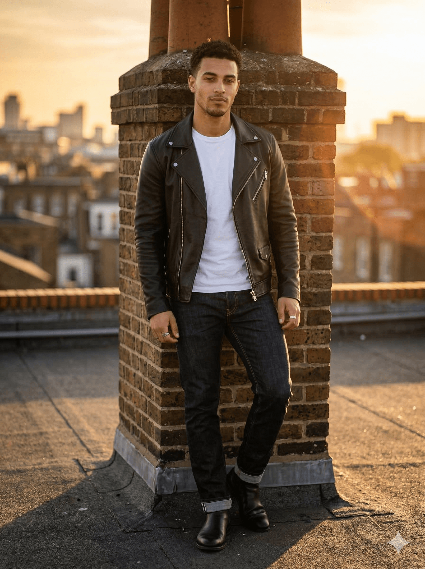 Fitted black leather jacket, plain white t-shirt